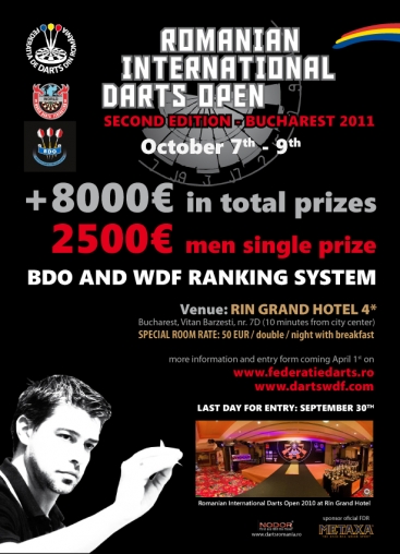 romanian darts federation A5 flyer for promoting an international open